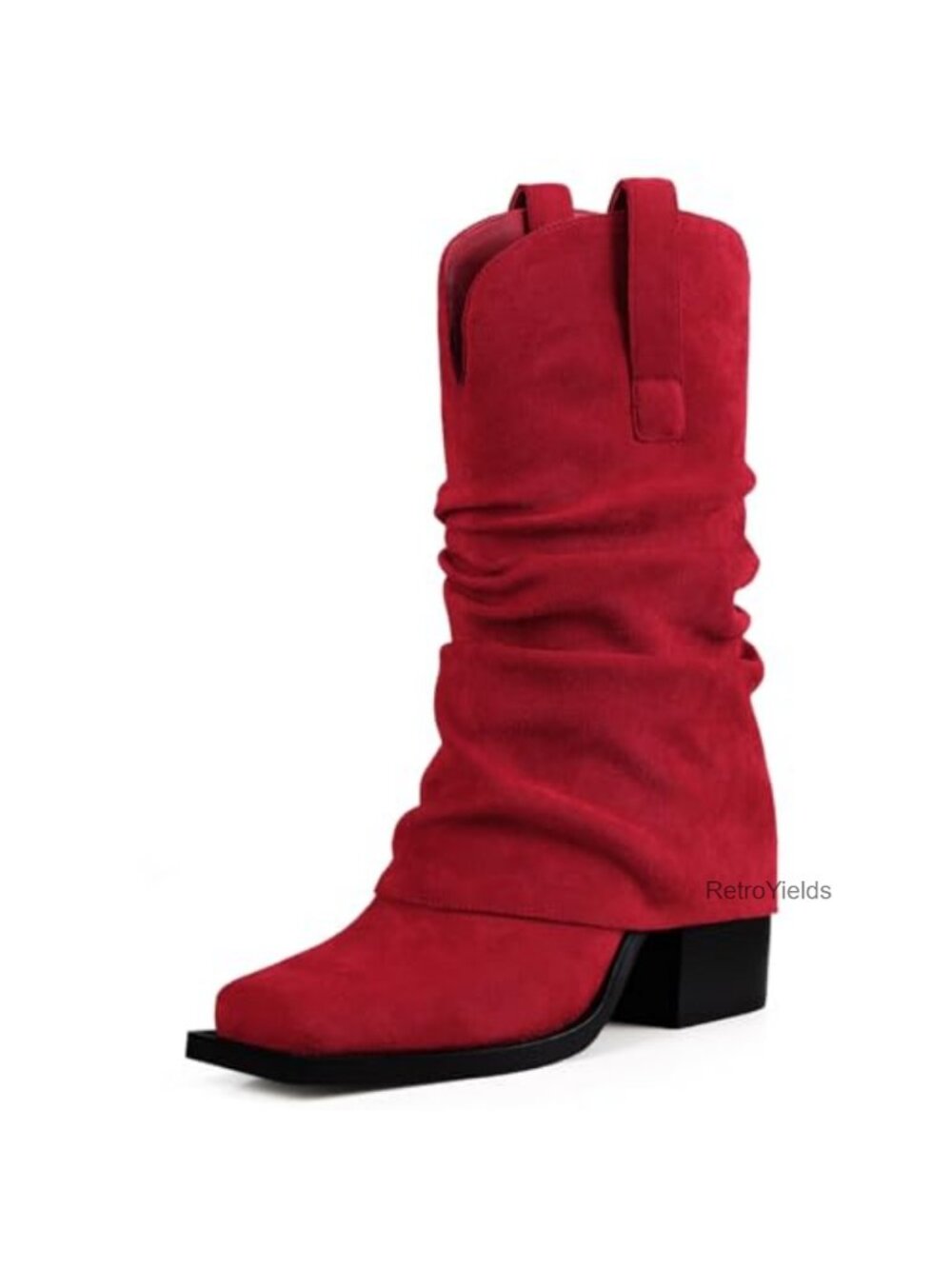 Suede Mid Calf Cowboy Boots Women Square Toe Chunky Heel Slouchy Fold Over